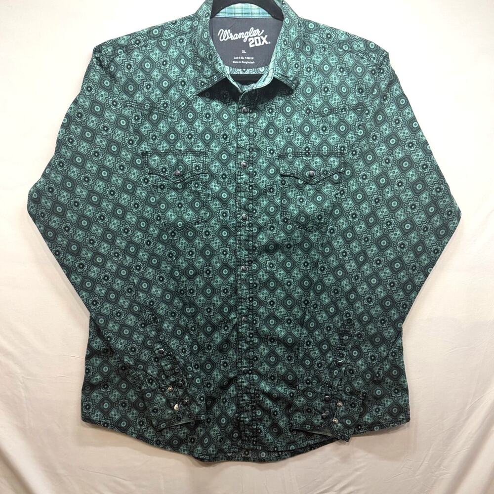 Wrangler 20X Green Geometric Pearl Snap Western Cowboy Rodeo Rockabilly Mens XL